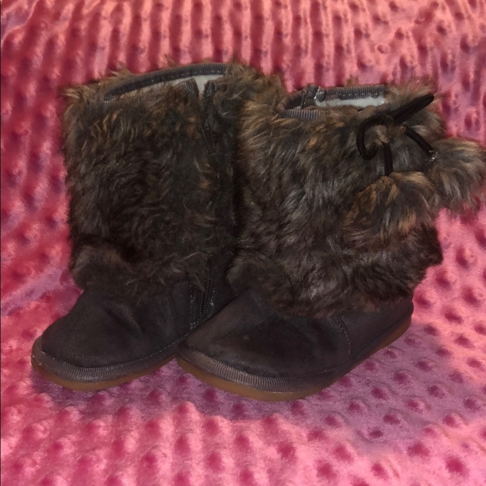 Gray faux fur squeaker stomper boots